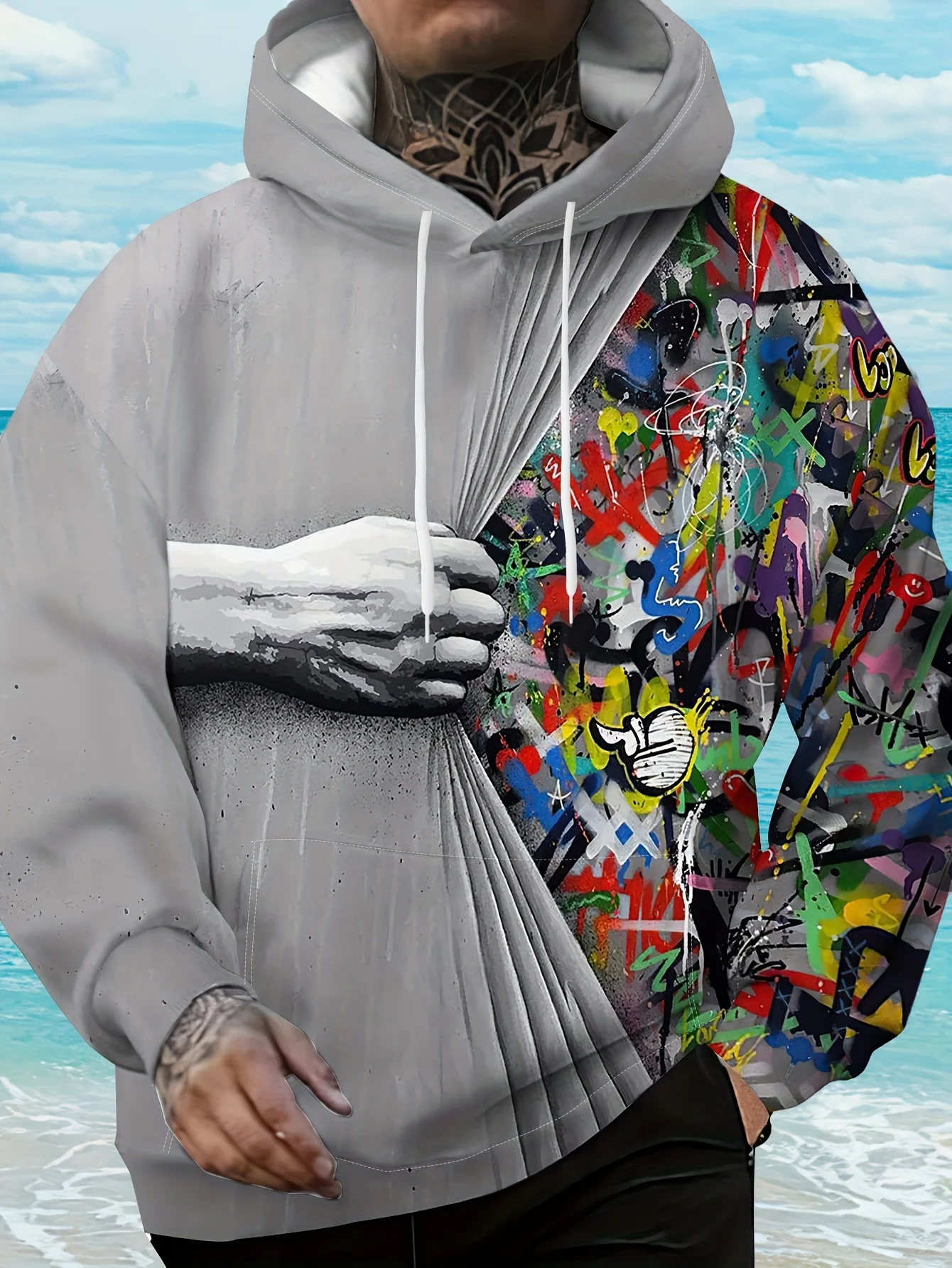 Men Split Design Black White Hand Pull Curtain Colorful Graffiti Street Art Print Drawstring Hoodie With Pocket