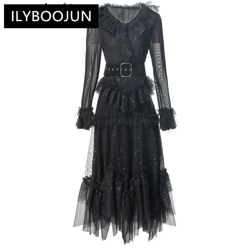 

Sequins Mesh Dress Women's V-neck Flare Sleeve Ruffles Sashes Vintage Black Dresses Designer Autumn For Women 2024 Luxury Brand