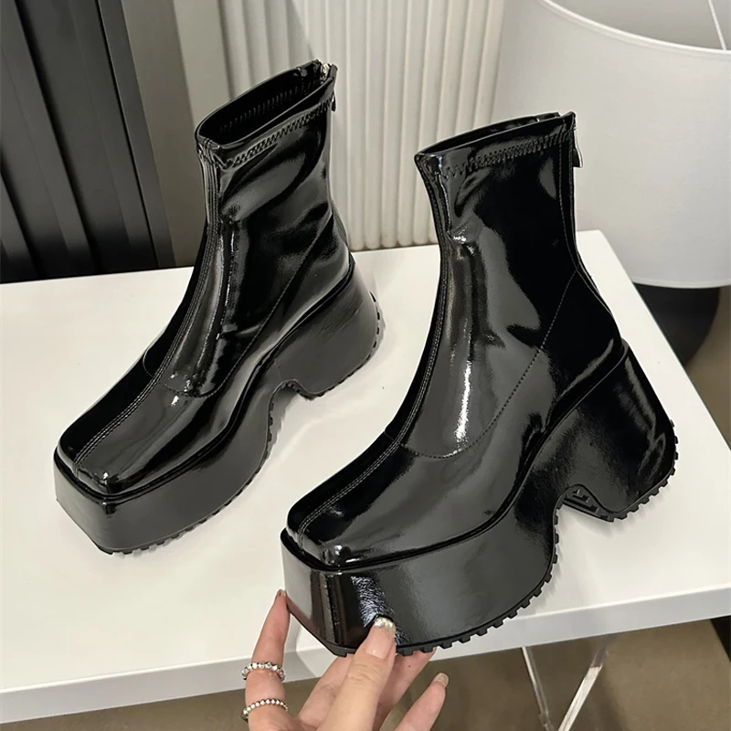 Wine Red Ankle Boots Women 9cm High Heels Platforms Wedges Boots Black Patent Leather Square Toe Chunky Shoes Botas De Mujer