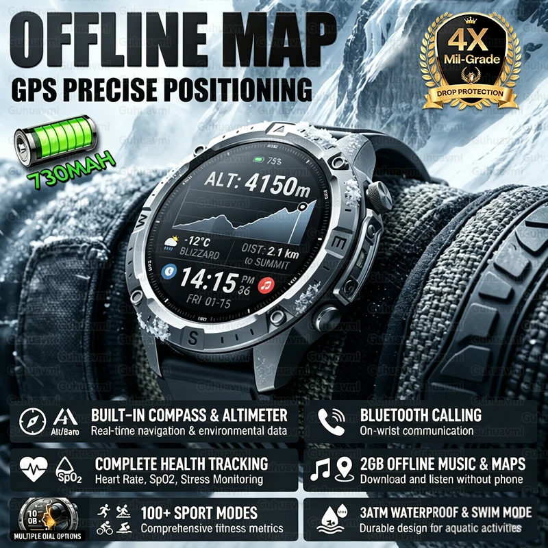 2026 New Military Grade GPS Smartwatch Compass Altitude 730m