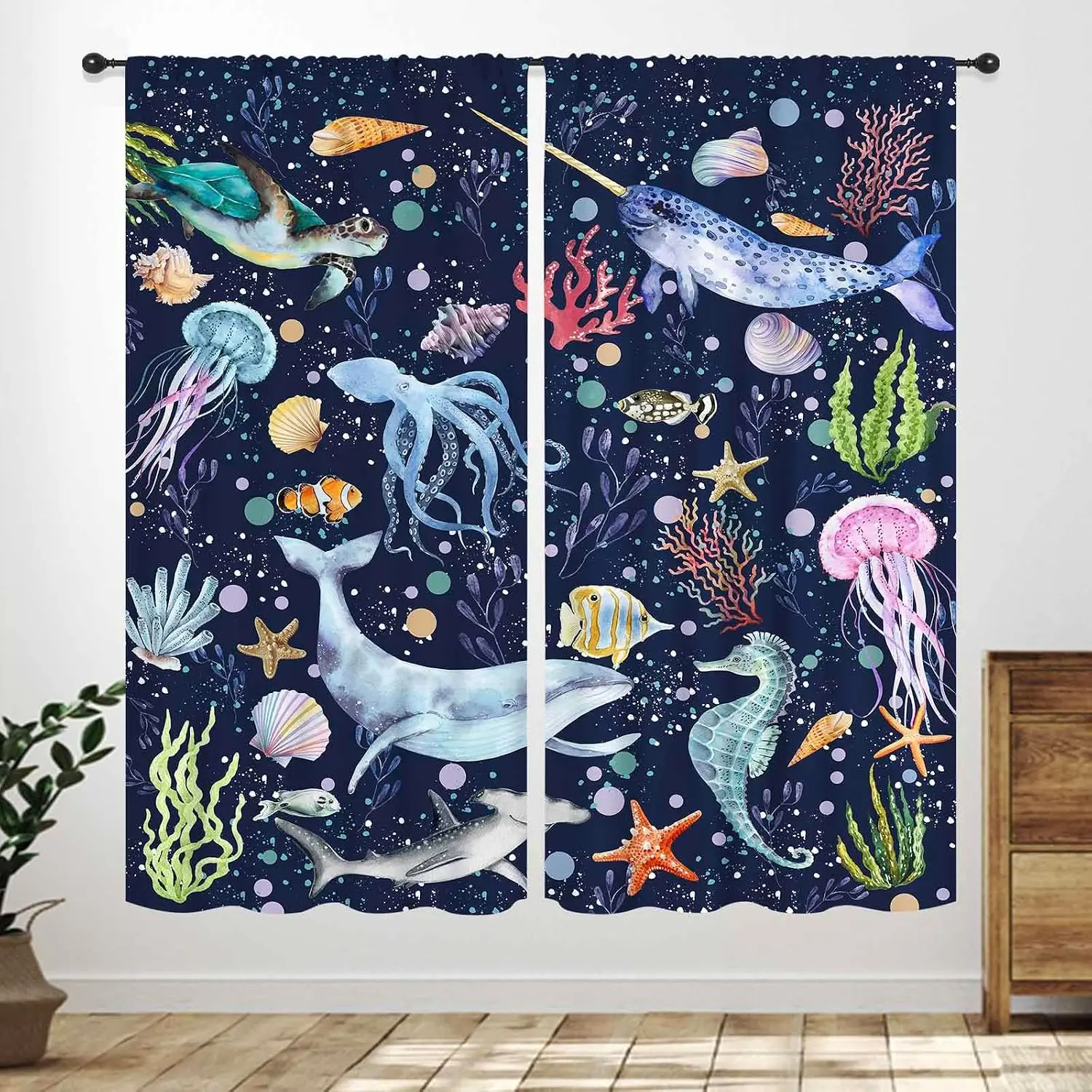 Vibrant Ocean Life Jellyfish Sea Creature Curtain Panels Tropical Nautical Marine Print Window Drapes Blue Bedroom Decor