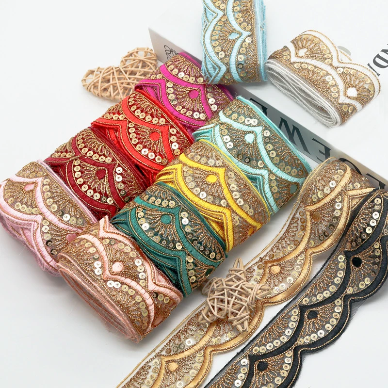 10yards Ethnic Style Embroidery Sequin Lace Trim Decorative Edge Tape for Thai Dai Costume Collar Skirt Cuff DIY Sewing