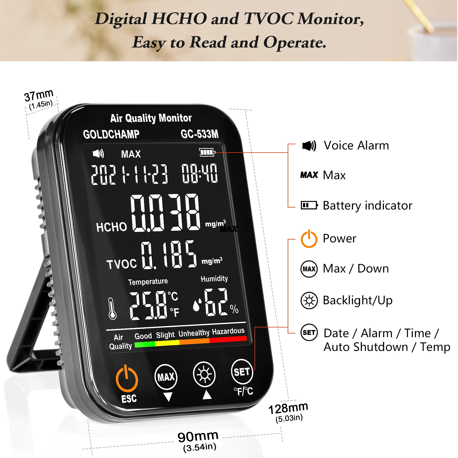 Air Quality Monitor Indoor, HCHO TVOC Formaldehyde Detector, 2000mAh Rechargeable, 96 Data Storage, LCD Temp Humidity Alarm Home