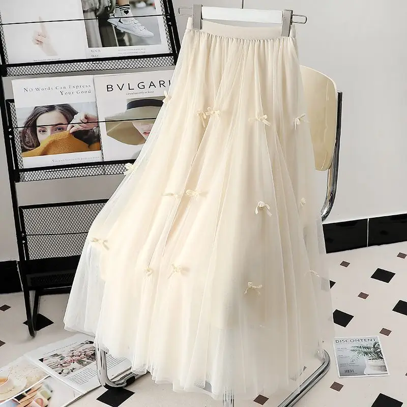 Spring Summer Fashion Bow High Waist Mid-length Loose Waist A- Line Princess Long Dress Mesh Half Skirt Fresh Sweet Style