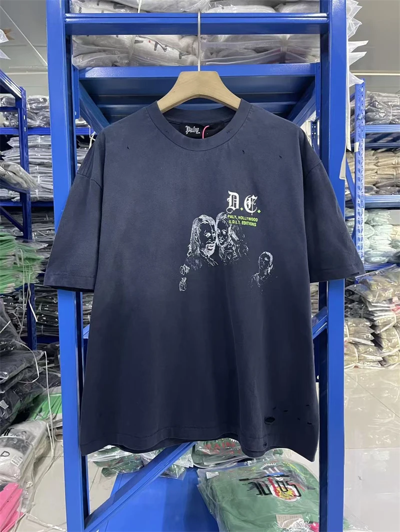 

Summer Paly Hollywo Pattern Print Vintage Street Casual Loose Cotton Washed Short Sleeve Trendy Hip Hop Round Neck Men T-shirt