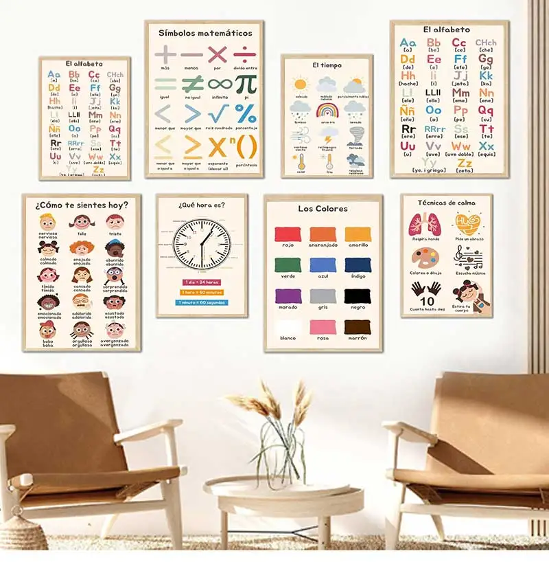 Spanish Education Posters and Prints Bohemian Wall Art Painting Numeric Alphabet Learning Pictures Children's Room Decoration
