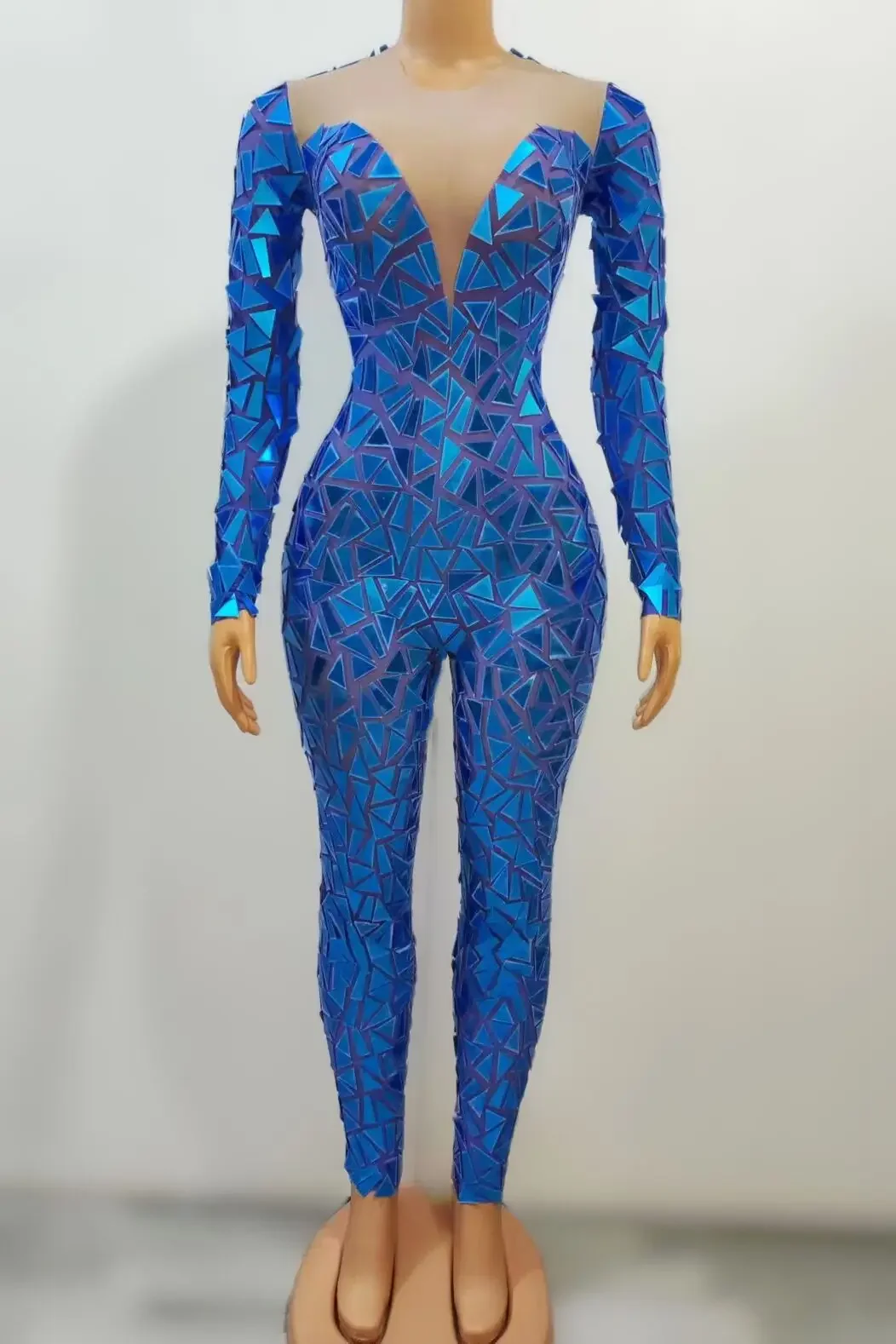 Gold Blue Red Flashing Full Mirrors Long Sleeves Transparent Jumpsuit Birthday Celebrate Costume Evening Women Dance Bodysuit