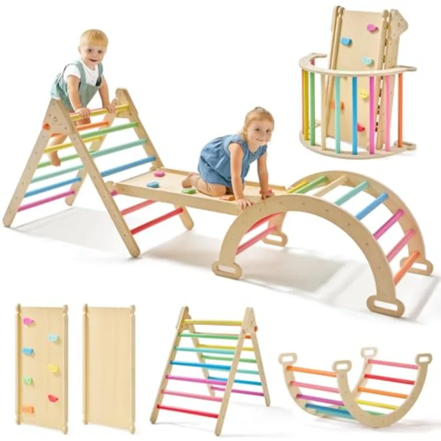 

7-in-1 Foldable Pikler Triangle Climbing Set for Wooden Montessori Indoor Playground Jungle Gym Rainbow Wooden Climbing Toy for