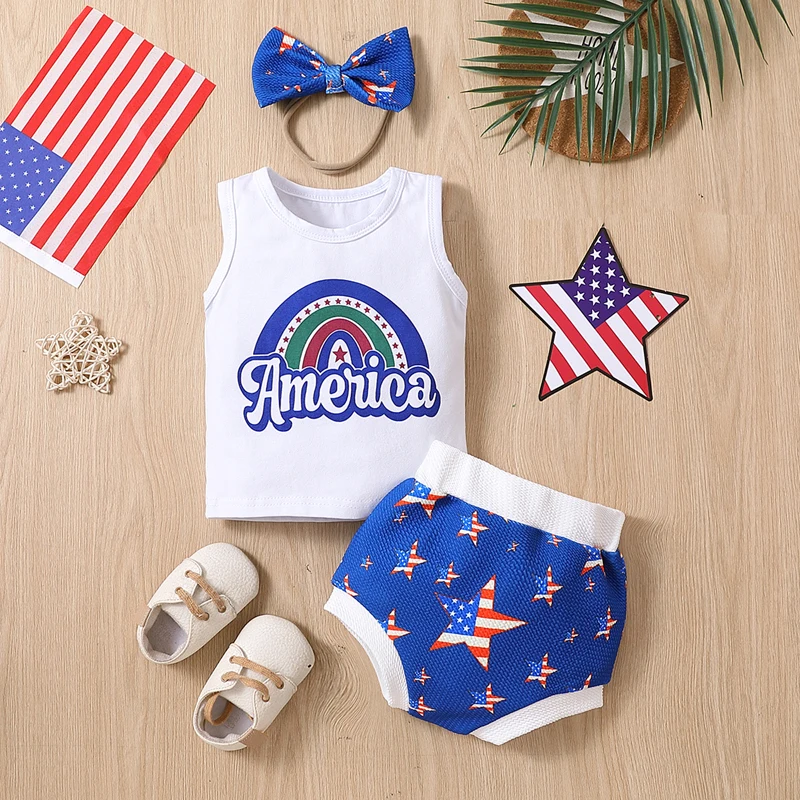 2023-03-07 Lioraitiin Independence Day Baby Girls 3Pcs Clothes Summer Letter Print Tank Tops Star Shorts Headband Set