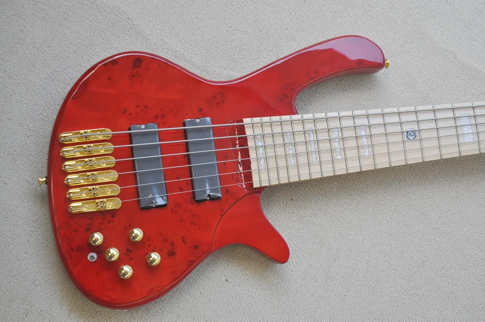 Red Body 6 strings Maple Fingerboard Electric Bass Guitar with Gold hardware,Offer customized