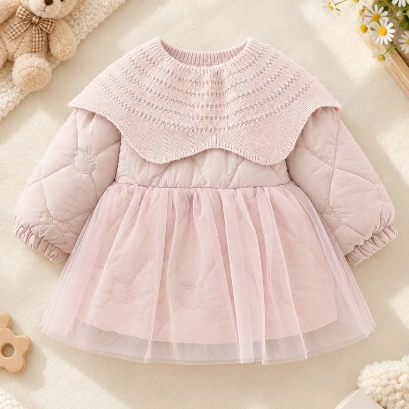 Sweet Baby Girl Quilted Tulle Dress Coat Children Kids Warm Cotton Padded Princess Dress Toddler Infant Autumn Winter Outerwear