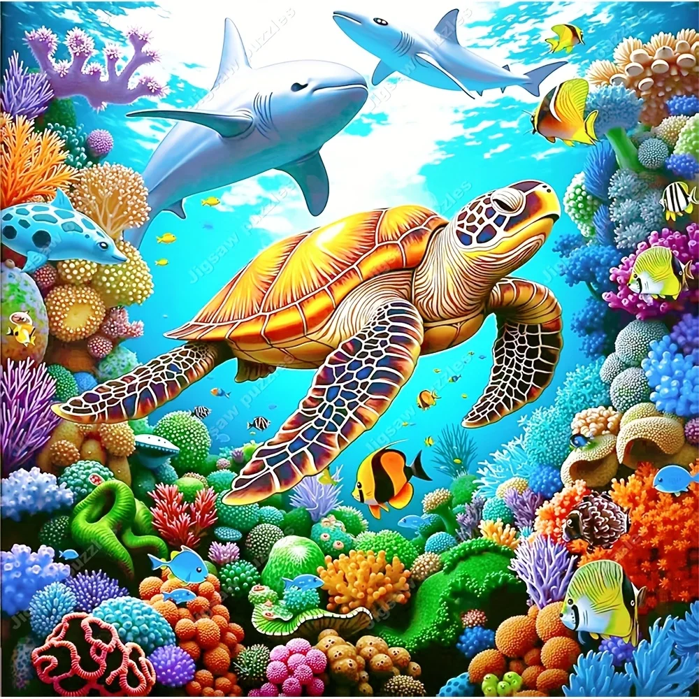 

1024 шт. Яркий подводный мир-пазл | с изображением акулы, черепах и коралловых рифов — большие и сложные, квадратные детали.