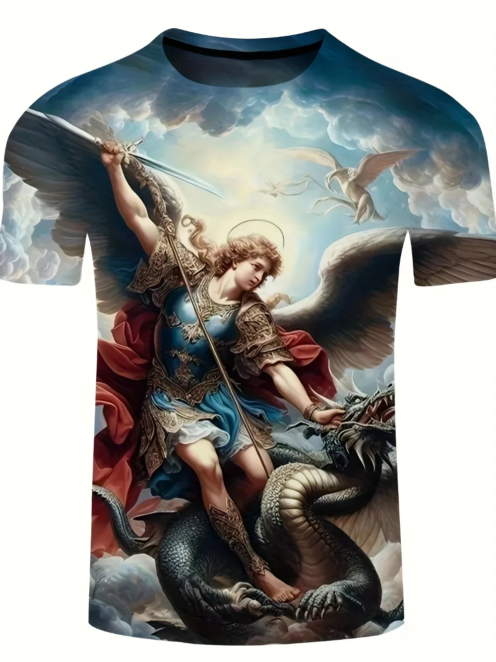 Men Mythology Angel Vs Dragon 3D Print T‑Shirt Vintage Renaissance Oil Painting Tee Cool Religious Art Casual Short SleeveShirts