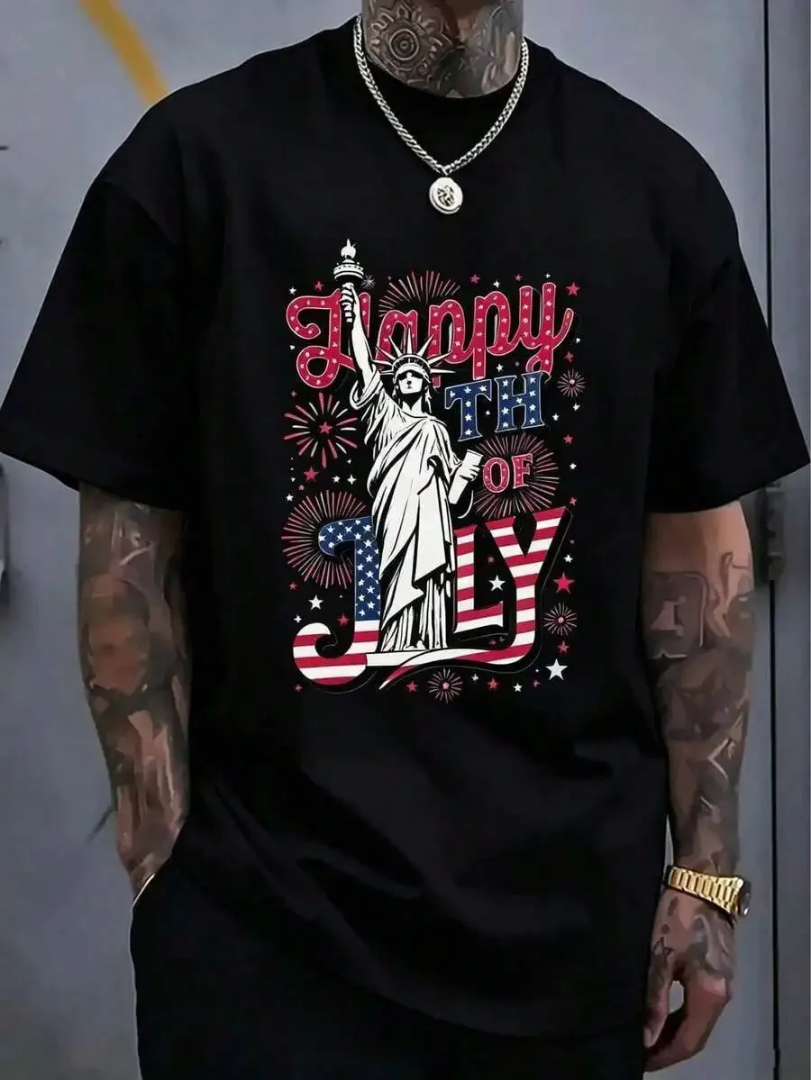 100% Cotton Happy 4th Of July T-Shirt Street Hip-Hop Style Men's T-Shirt