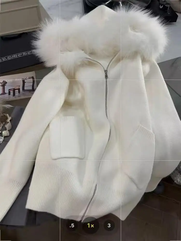 

French Vintage Women White Elegant Hooded Short Knit Cardigan Autumn Winter Long Sleeve Festival Zipper Sweaters 2024 Versatile