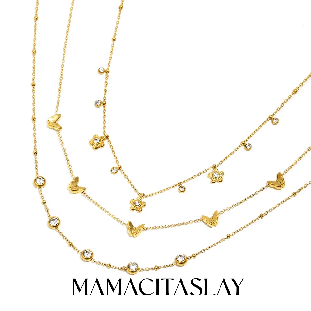 Mamacitaslay 316L Edelstahl Schmetterling Blumen Zirkon Halskette 18K Vergoldet Wasserfester Schmuck Damen Stapelbare Halskette