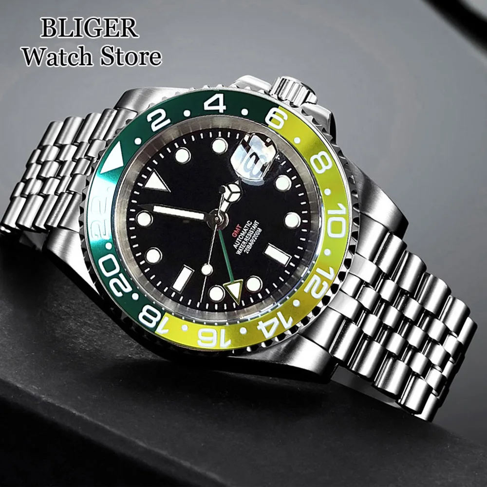 Tandorio Diver NH34 GMT 20Bar Waterproof 40mm Black Dial Green Gold gmt Hand Automatic Watch Men Yellow Green Alloy Insert