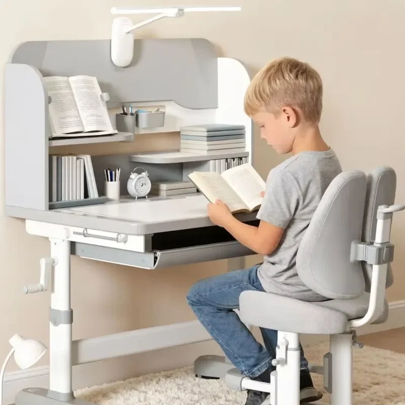 Ergonomic Metal Kids Study Desk and Chair Set Height Adjustable Student Writing Table with Bookshelf for Bedroom