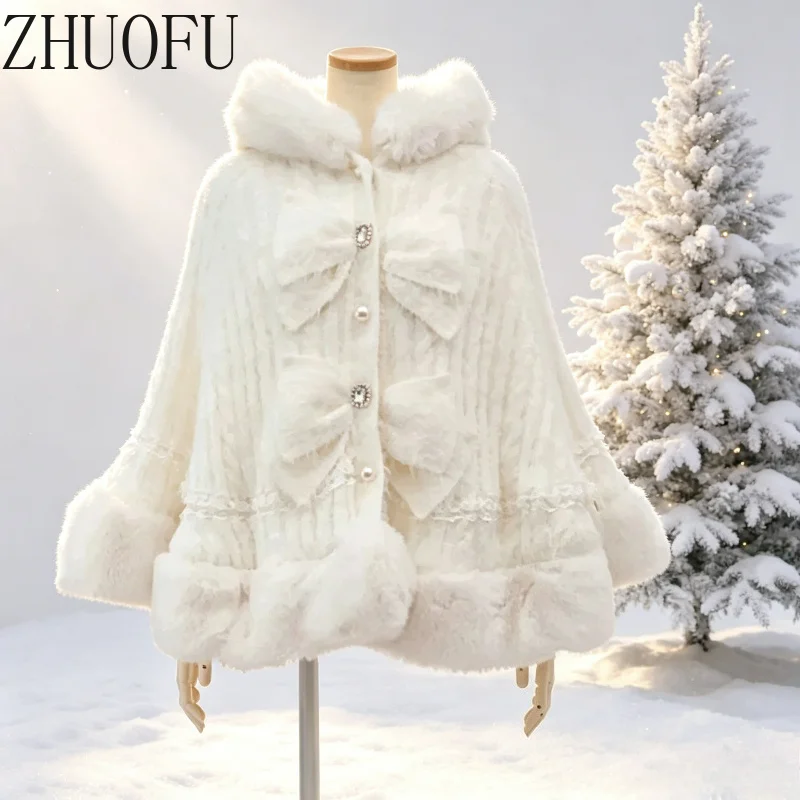 Lolita Cape Coat Women Hooded Sweet Bow Pearl Buttons Cloak Lace Trim Fluffy Warm Winter Poncho Jacket Gothic Cosplay Outerwear