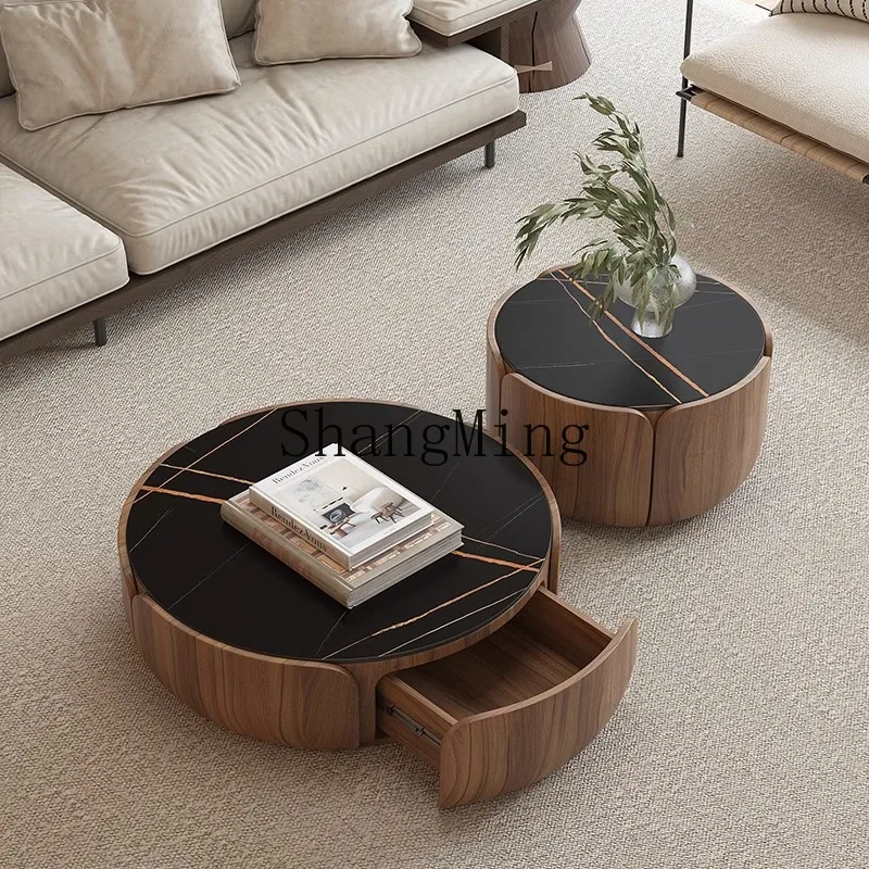 

ZYY minimalist rock slab solid wood round coffee table household living room small apartment petal storage