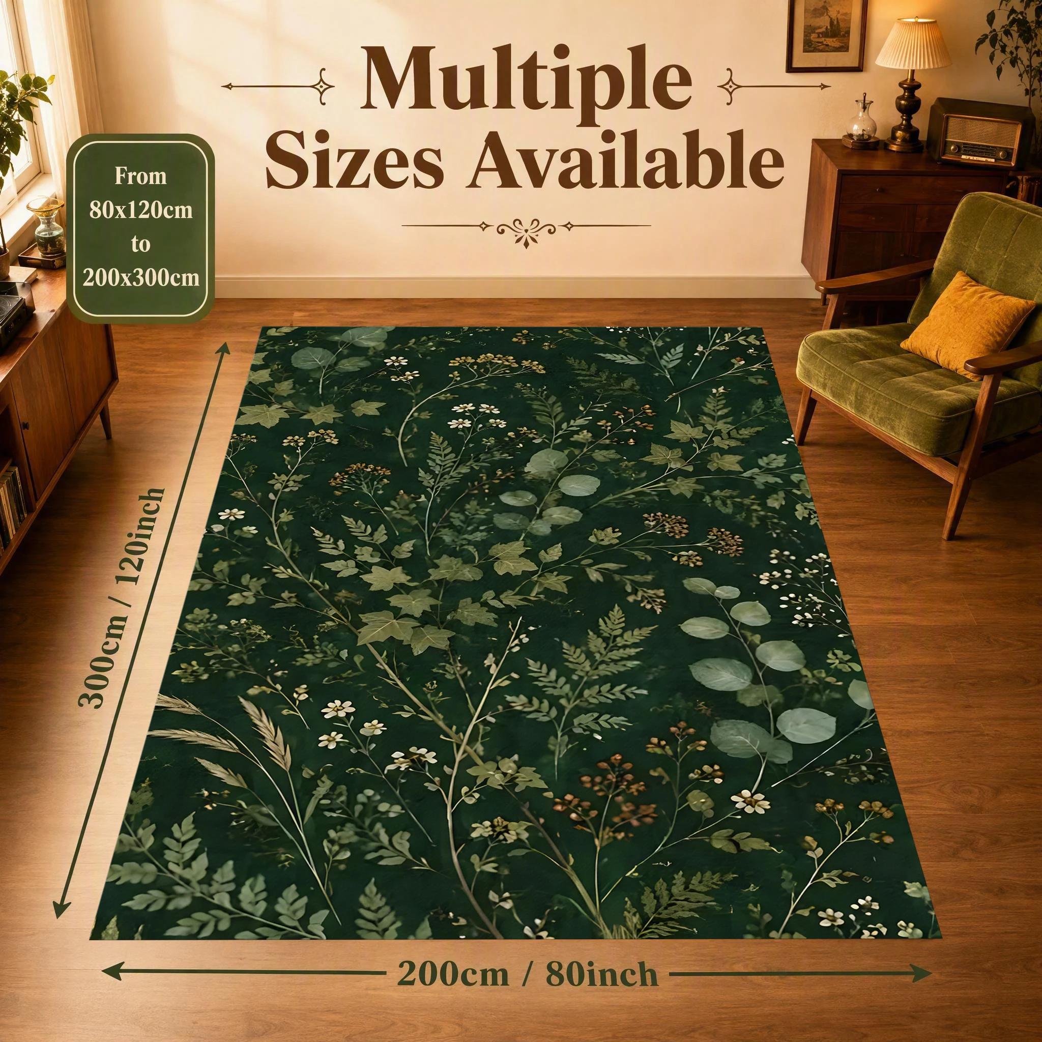2D Carpet with Dark Green Forest Floral Pattern in Retro Soothing Style for Living Room and Bedroom