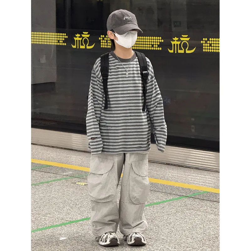 Baoduo children's clothing boys spring clothing long-sleeved T-shirt 2025 new children's ripped striped bottoming shirt top