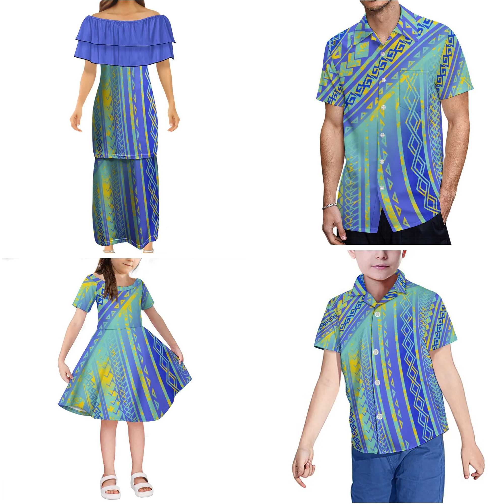 New Parent-Child Outfit 4Pcs Clothing Family Clothes Girls Polynesian Matching Set Summer Puletasi Dress  T-Shirt Tribal Sets