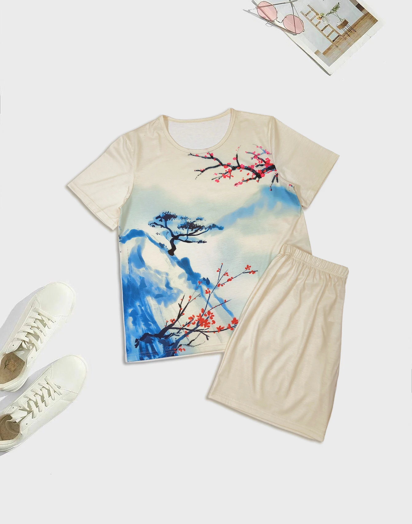 Empat musim baru piyama pria Fashion pakaian rumah pola lanskap daun dicetak lengan pendek celana pendek dua potong Set untuk pria