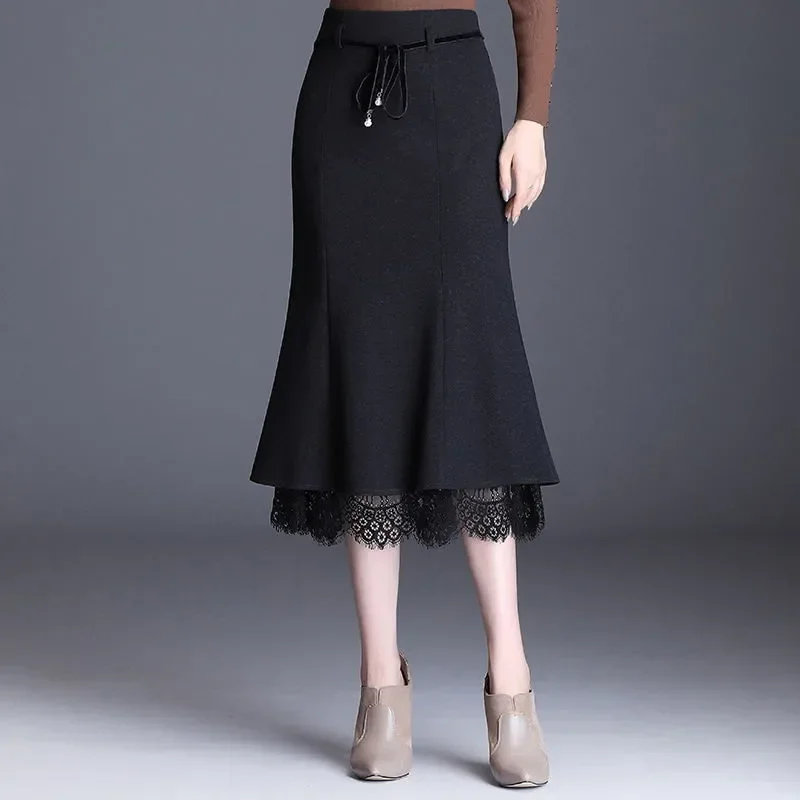 

Plaid Skirt Women Lace Patchwork Korean High Waist Mermaid Skirt Female Vintage Slim Office Clothes Lacintg Midi Skirt P612