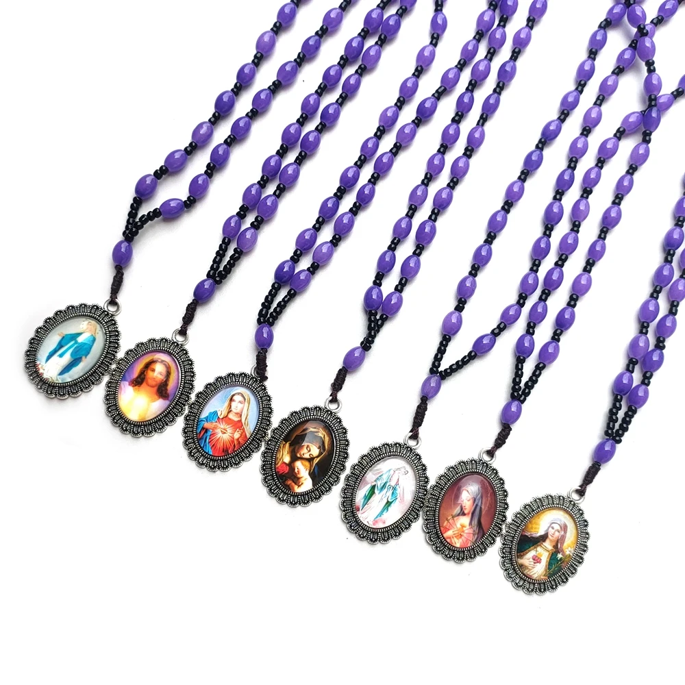 QIGO Religious Jewelry Virgin Pendant Necklace Long Glass Beads Strand Chain For Men Women