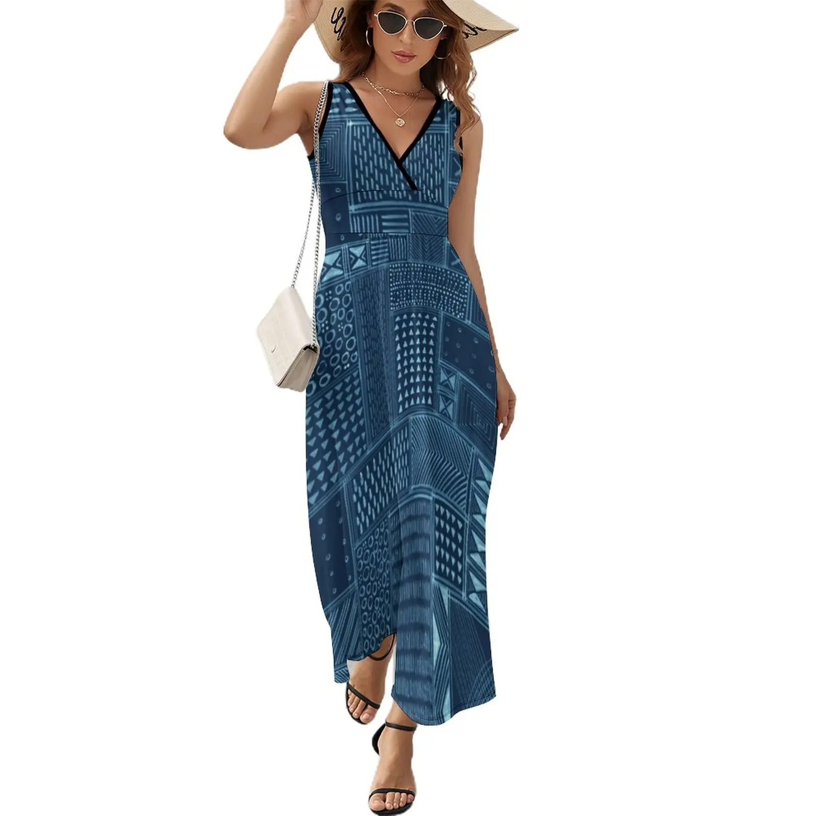 

African Indigo Tribal Mud Cloth Sleeveless Dress summer dress womens 2023 Dresses Party dresses evening dress woman