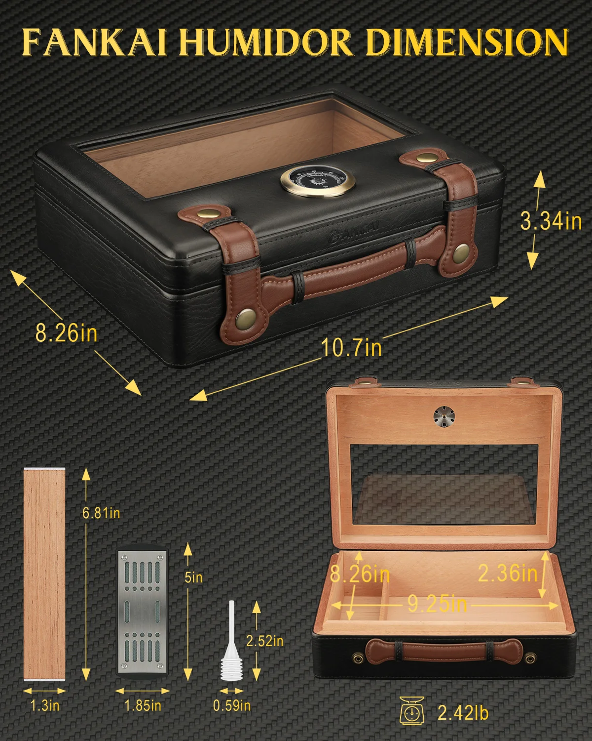 Sigaar Humidor, Reizen Humidor Box met Glazen Blad, Luchtbevochtiger Hygrometer Gauge, Sigaar Case Cederhout Voering tot 50 stuks