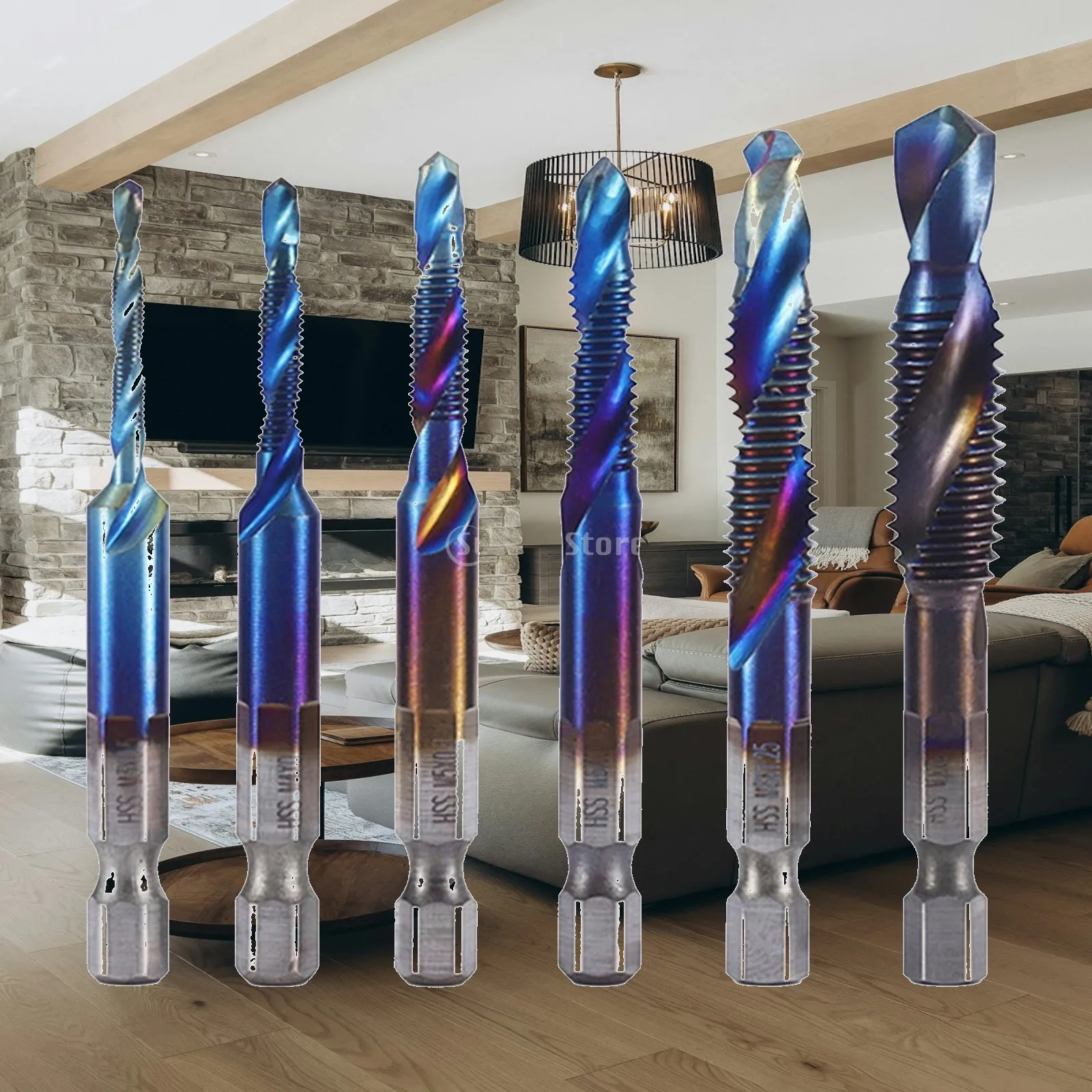 6Pcs Drill Tap Combination Bit Easy Use Blue Coated Hex Shank M3 M4 M5 M6 M8 M10 Spiral Screw Tap Set for Iron Tapping Aluminum