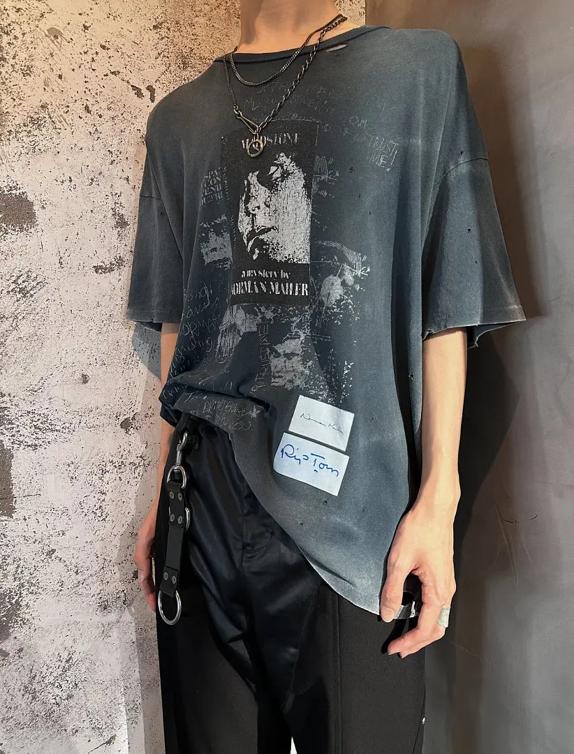 Unisex Oversized Distressed Washed Black T Shirt Fashion Book Poster Handwriting Graffiti Print Retro Dark Streetwear Paly Tee