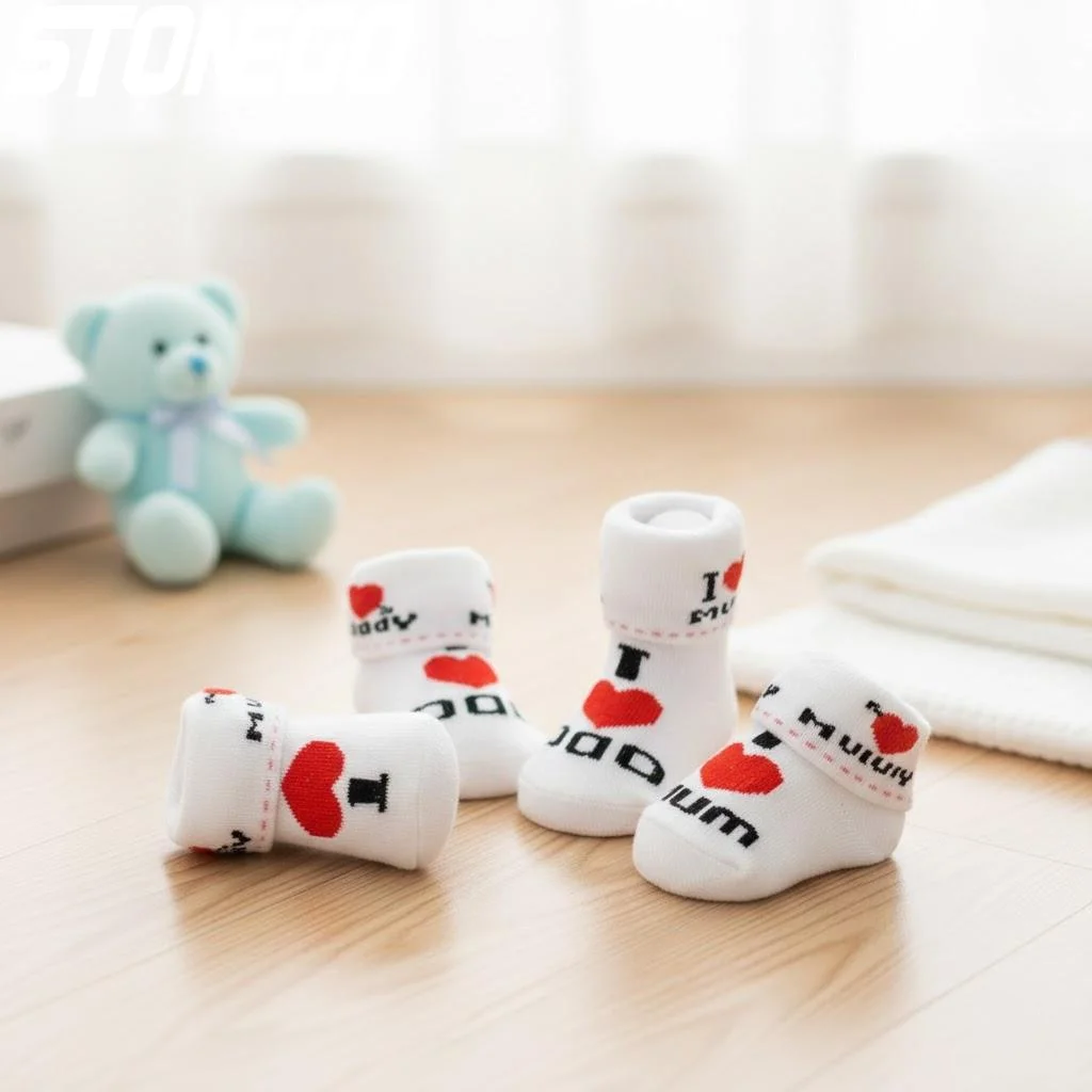 1Pair Cute Newborn Baby Socks White Cotton I Love Mom Dad for 0-6 Months Boys Girls Comfortable Soft Baby Socks