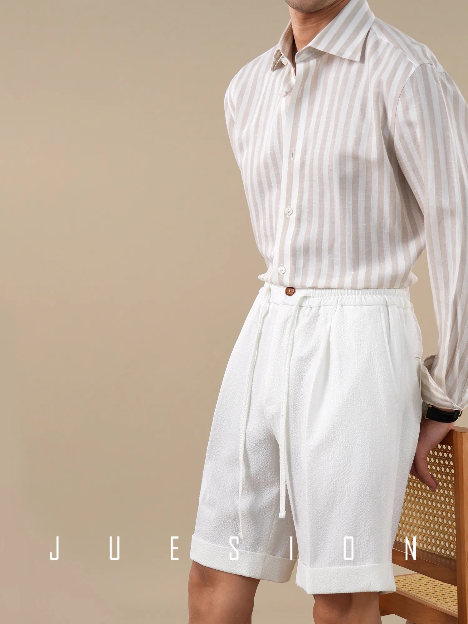 seersucker men's pants summer thin loose straight old money wind casual shorts drawstring five-point pants
