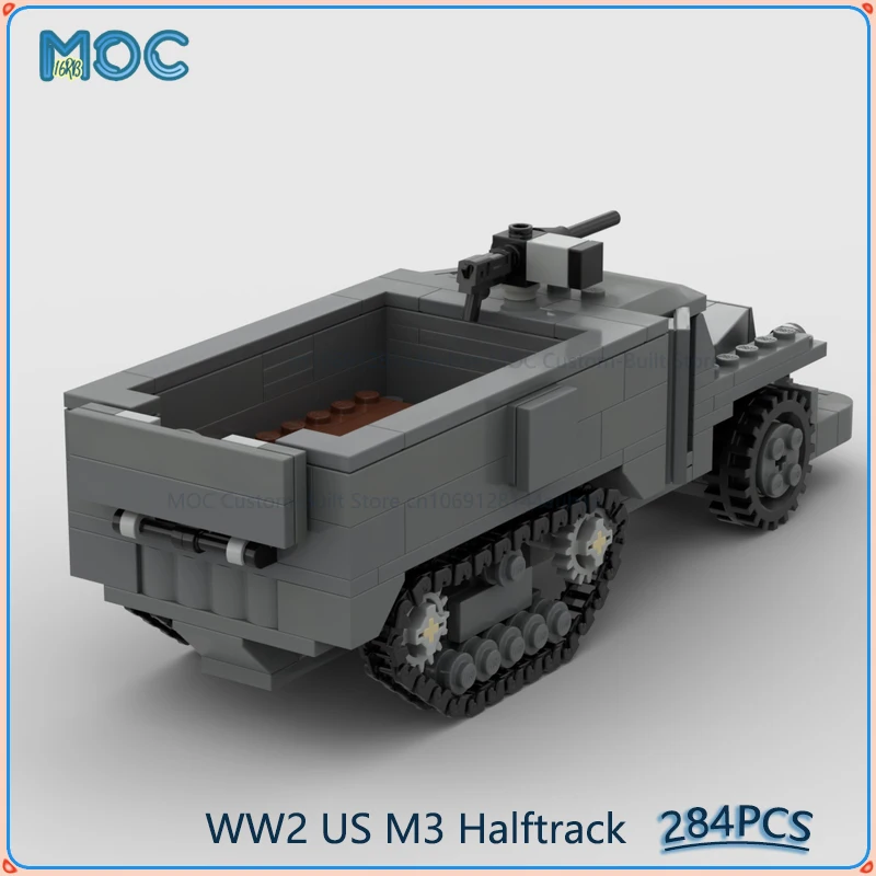 

Модель WW2 US M3 Half Track MOC, строительные блоки, сделай сам, сборка кирпичей, креативная образовательная коллекция, дисплей, рождественские игрушки, подарки, 284 шт.