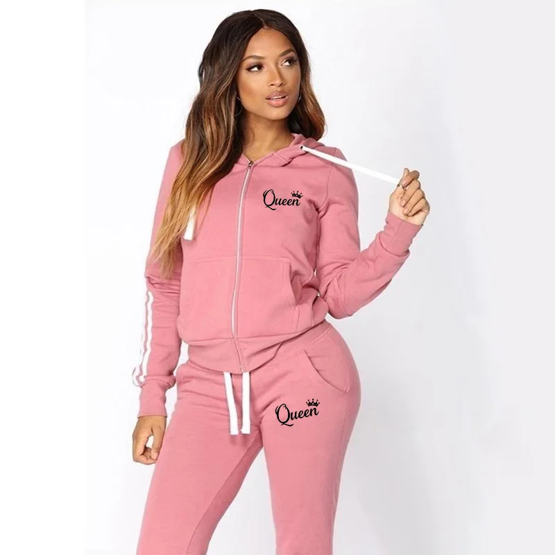 Hot Women\'s Fashion Queen\'s Print Tracksuit Striped Hoodies and Jogger Pants Ladies Daily Casual Clothes