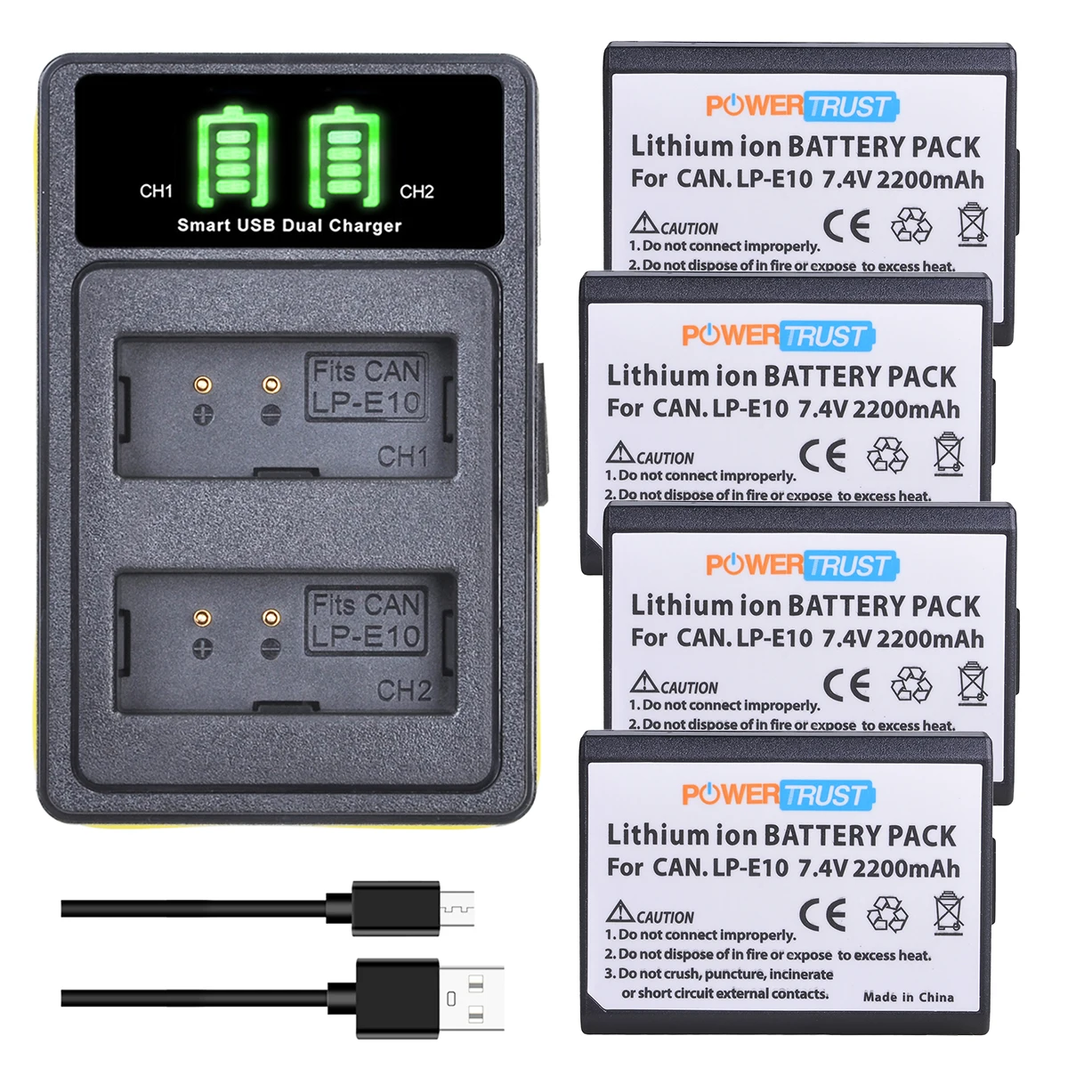 

PowerTrust LP-E10 LP E10 LPE10 Battery+LED USB Dual Charger with Type C Port for Canon EOS 1100D 1200D Kiss X50 X70 Rebel T3 T5