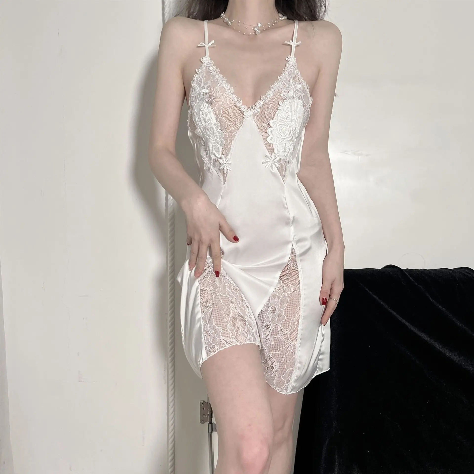 Sexy Hollow Out Lace Strap Nightgown Women Sleepwear Embroidery Flower Robe Silky Satin Nightdress Home Wear Intimate Lingerie