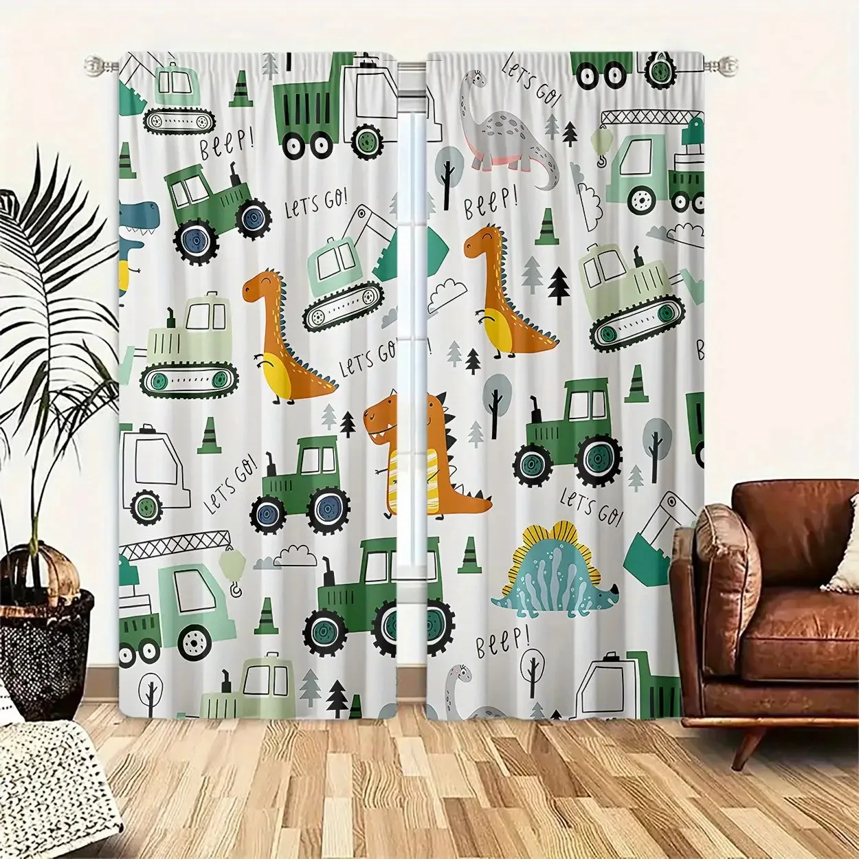 2pcs Kids Dinosaur and Construction Truck Theme Curtains Nursery Window Curtain Backdrop Decoration for Playroom