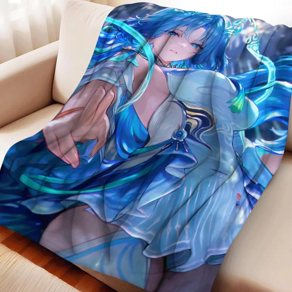 Flannel Throw Blanket Qingxiao Anime Blue Long Hair Girl Dragon Horns Reaching Hand Print Soft Warm Lightweight Sofa Bed Blanket