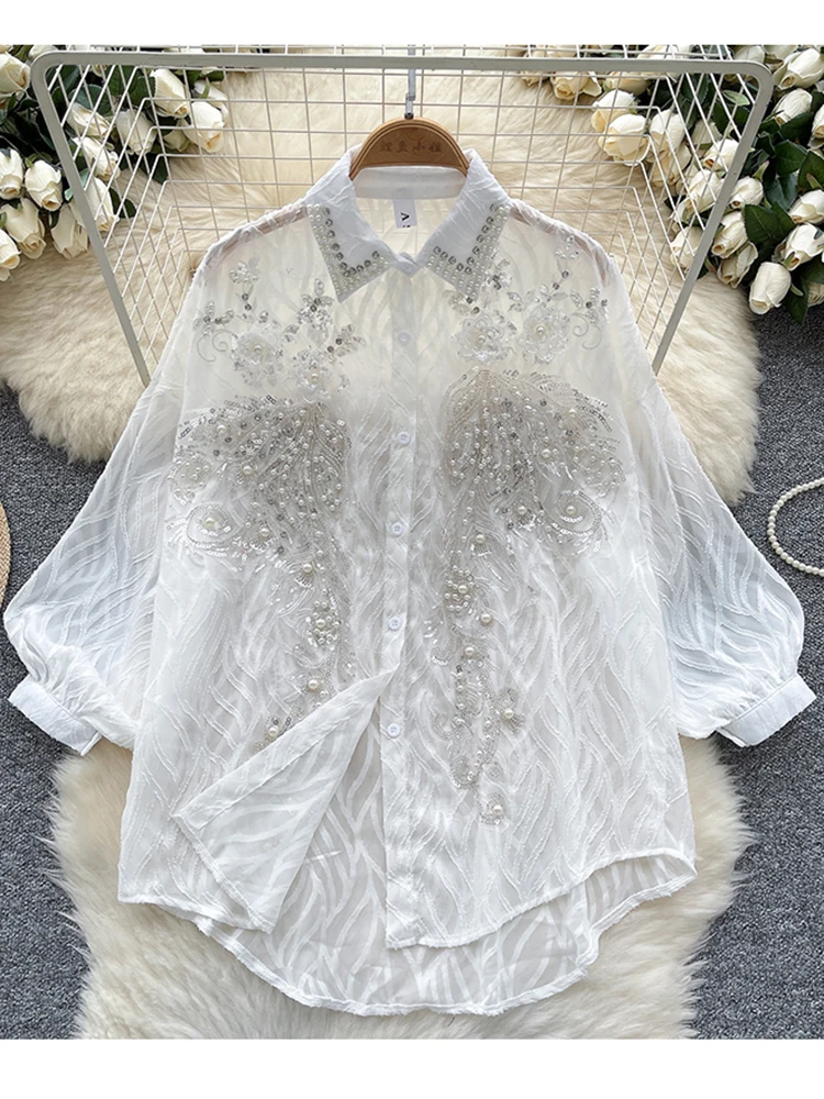 Primavera Autunno Francese Versatile Camicia a maniche lunghe da donna Nail Bead Glitter Sottile Manica a lanterna Camicetta casual allentata Top C362
