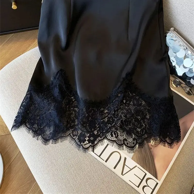 Nouveau été Satin Jupe femmes mode dentelle Patchwork taille haute été élégant a-ligne fête jupes bureau dame Jupe vêtements