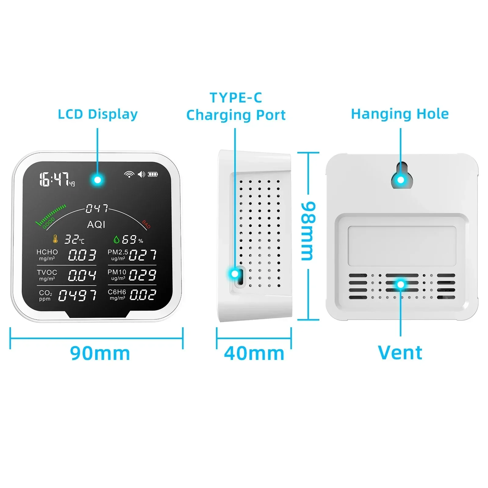 

2025 PTH-9BW household portable integrated air quality monitor CO2 meter can be connected to Wifi