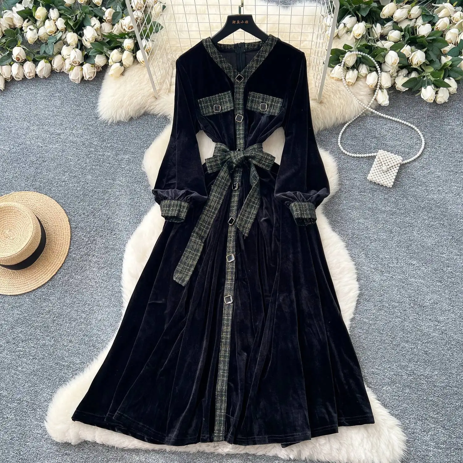 أنيقة خمر القطيفة واحدة الصدر مطوي أنيقة الجنية الكورية أزياء بوهو فستان الشمس النساء الملابس فستان طويل