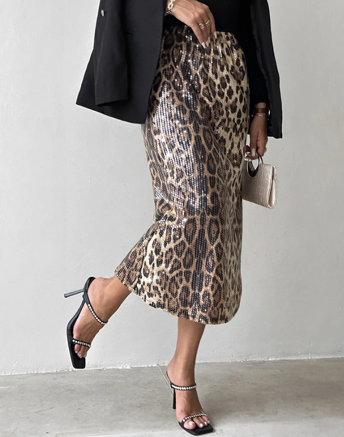 

Women's Skirt Elegant Commuting Trendy Daily Casual High Waist Leopard Pattern Print Allover Sequin A-line Midi Skirt