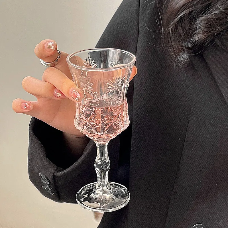 Ins Cute Cup Horn Transparent Glass Goblet Large Opening Simple Red Wine Glass Embossed Champagne Cold Drink Cup