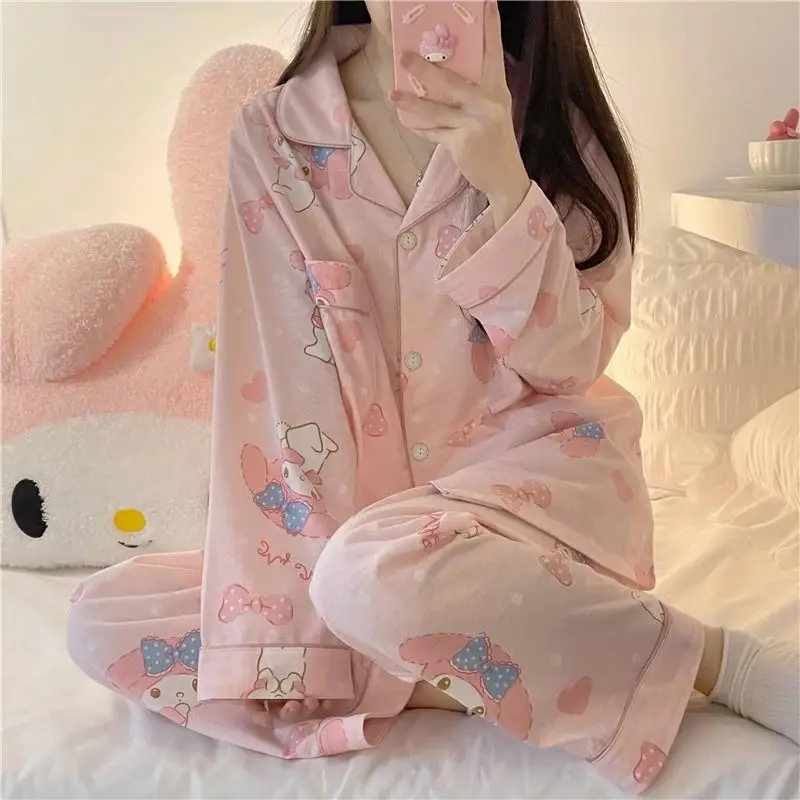 Sweet Cute My Melody Pajamas Women 2024 New Spring Autumn Long Sleeve Cartoon Sanrioed Student Home Clothes Outer Wear Girls