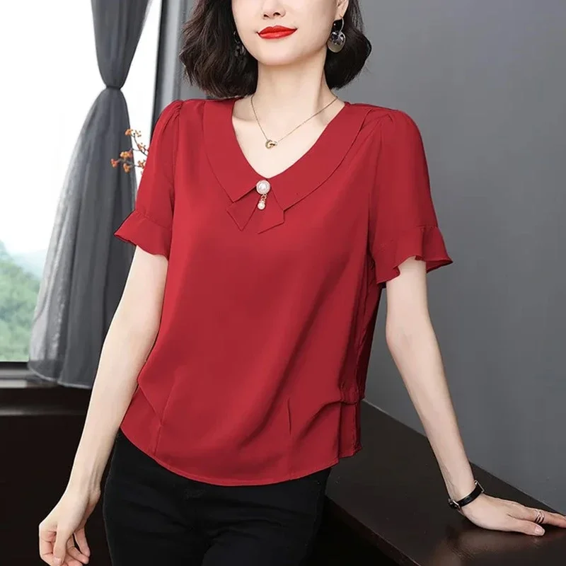 

Women's Elegant V-Neck Chiffon Blouse Summer Short Sleeve Button Detail Casual Shirt
